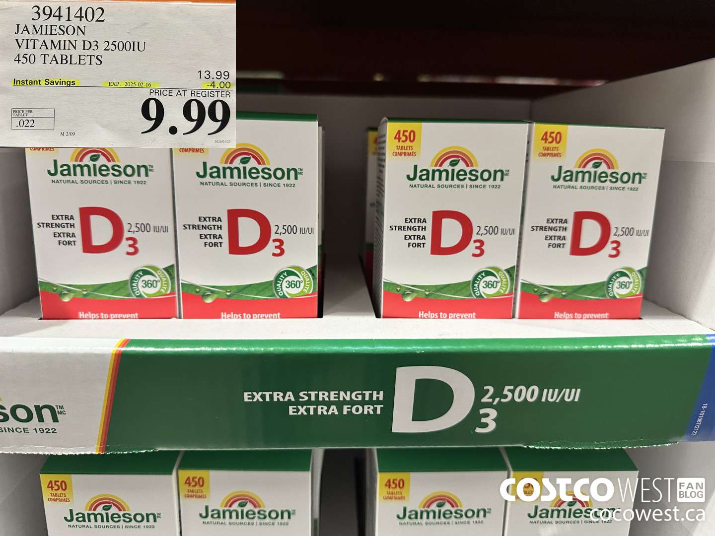 3941402 JAMIESON VITAMIN D3 2500IU 450 TABLETS ($4.00 INSTANT SAVINGS EXPIRES ON 2025-02-16) $9.99