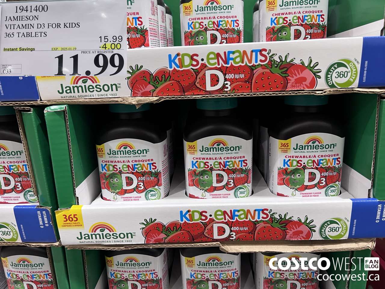 1941400 JAMIESON VITAMIN D3 FOR KIDS 365 TABLETS ($4.00 INSTANT SAVINGS EXPIRES ON 2025-01-19) $11.99