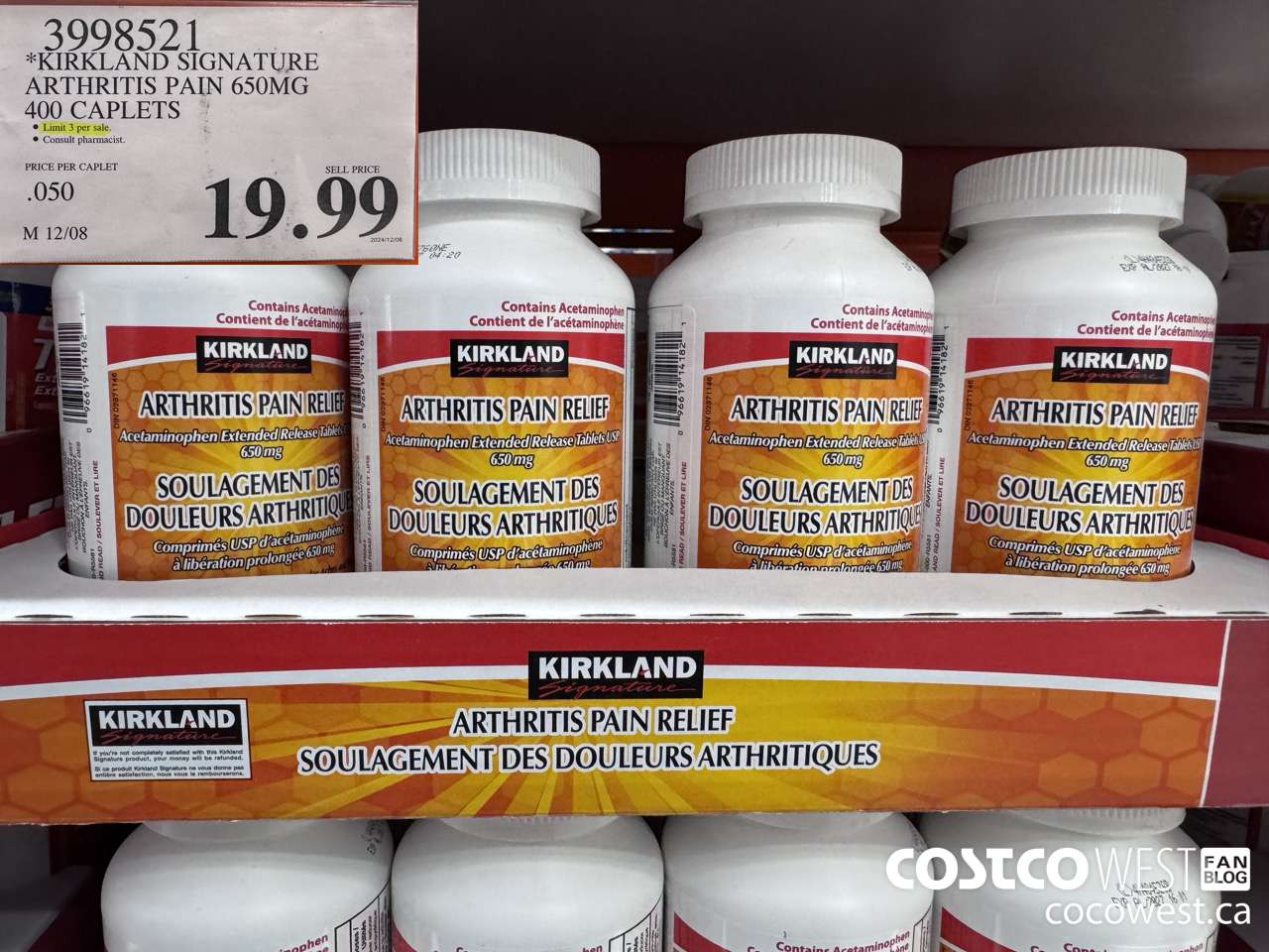 3998521 KIRKLAND SIGNATURE ARTHRITIS PAIN 650MG 400 CAPLETS $19.99