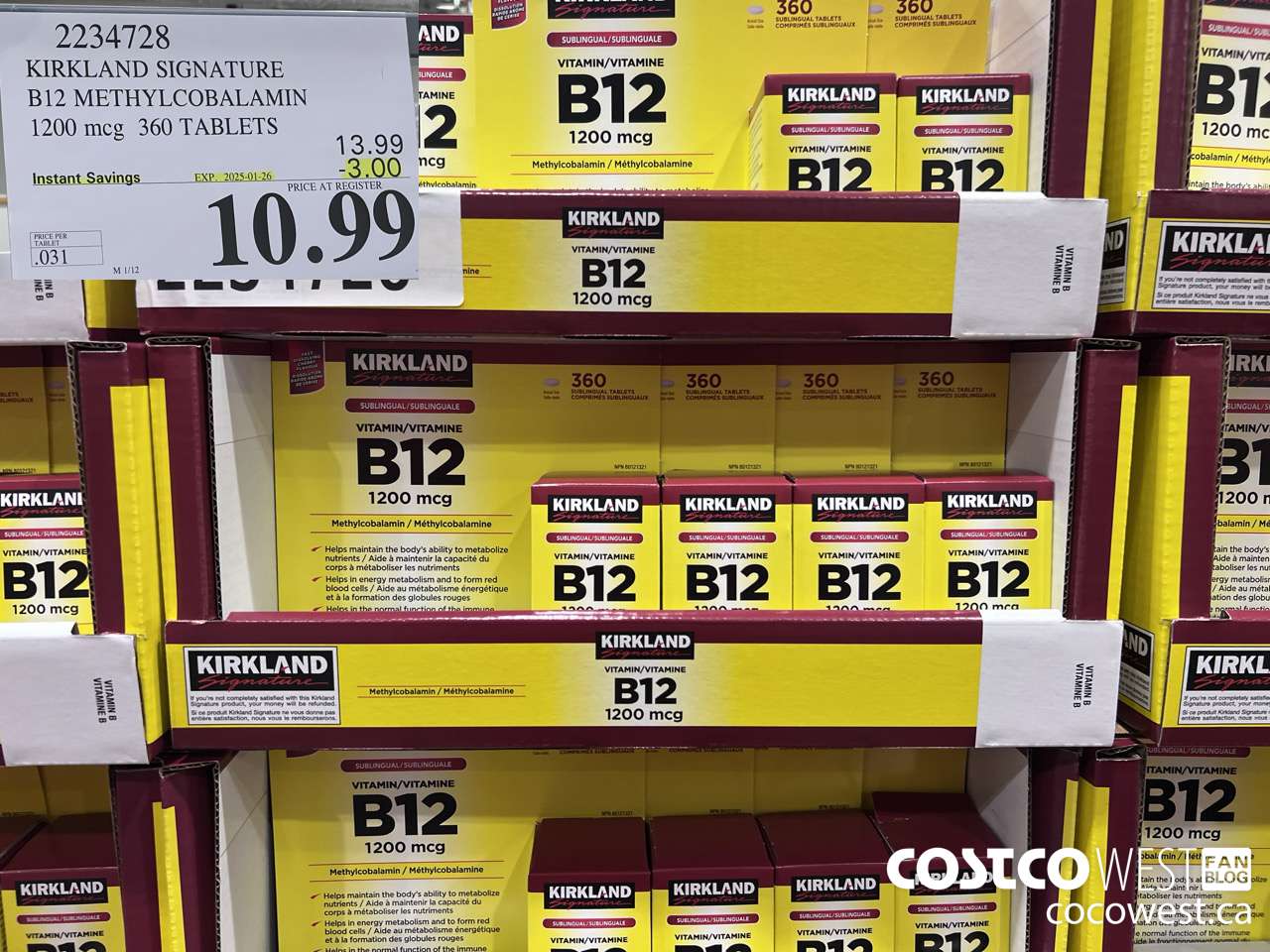 2234728 KIRKLAND SIGNATURE B12 METHYLCOBALAMIN 1200MCG 360 TABLETS ($3.00 INSTANT SAVINGS EXPIRES ON 2025-01-26) $10.99