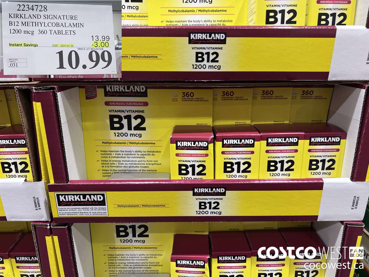 2234728 KIRKLAND SIGNATURE B12 METHYLCOBALAMIN 1200MCG 360 TABLETS ($3.00 INSTANT SAVINGS EXPIRES ON 2025-01-26) $10.99