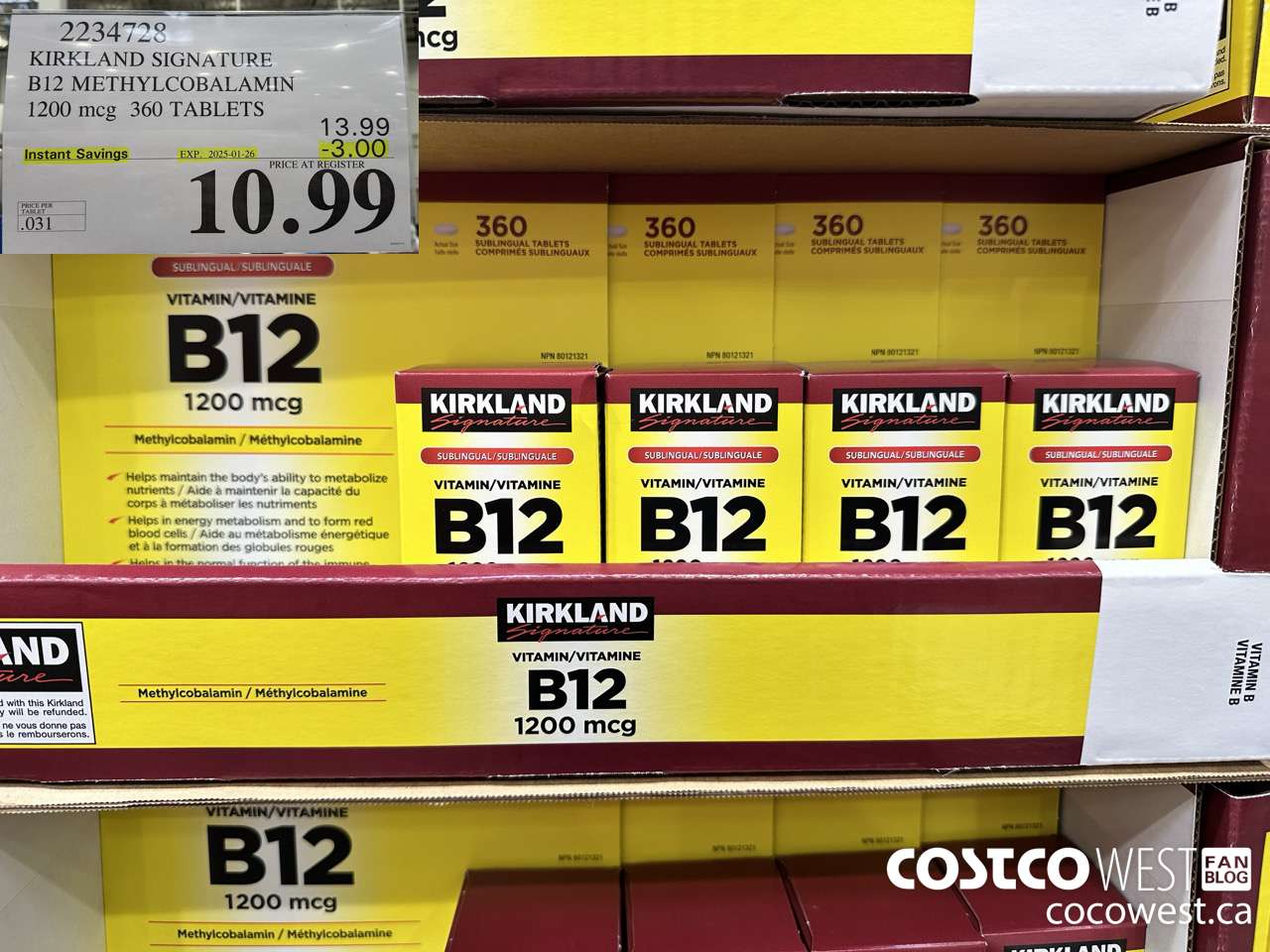 2234728 KIRKLAND SIGNATURE B12 METHYLCOBALAMIN 1200MCG 360 TABLETS ($3.00 INSTANT SAVINGS EXPIRES ON 2025-01-26) $10.99
