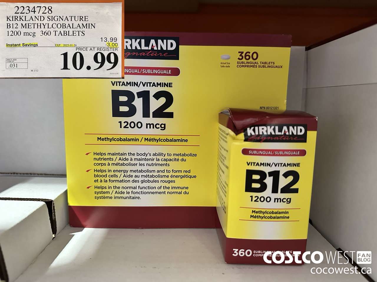 2234728 KIRKLAND SIGNATURE B12 METHYLCOBALAMIN 1200MCG 360 TABLETS ($3.00 INSTANT SAVINGS EXPIRES ON 2025-01-26) $10.99