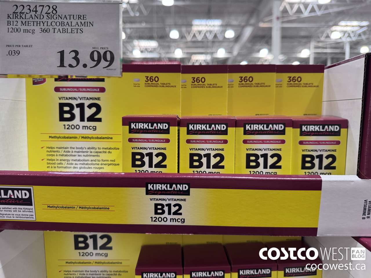 2234728 KIRKLAND SIGNATURE B12 METHYLCOBALAMIN 1200MCG 360 TABLETS $13.99