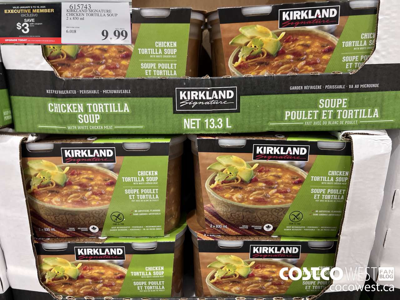 615743 KIRKLAND SIGNATURE CHICKEN TORTILLA SOUP 2 x 330 mL ($3.00 INSTANT SAVINGS EXPIRES ON 2025-01-19) $6.99