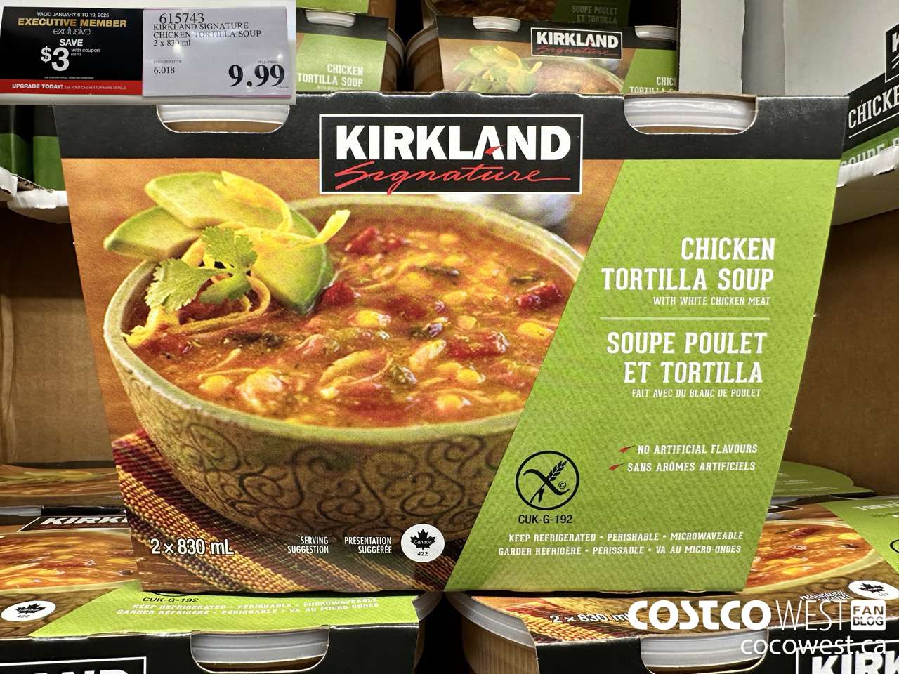 615743 KIRKLAND SIGNATURE CHICKEN TORTILLA SOUP 2 x 330 mL ($3.00 INSTANT SAVINGS EXPIRES ON 2025-01-19) $6.99