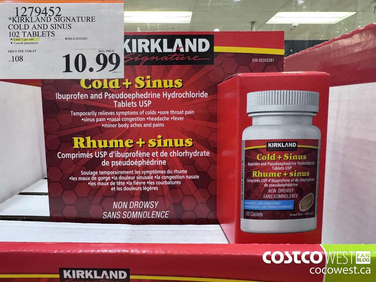1279452 KIRKLAND SIGNATURE COLD AND SINUS 102 CAPLETS $10.99