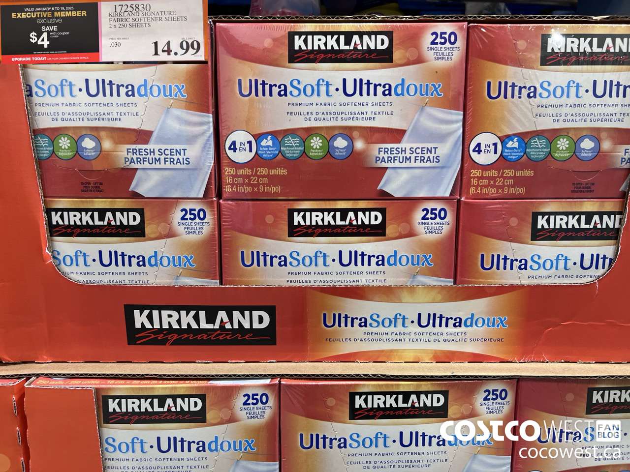 1725830 KIRKLAND SIGNATURE FABRIC SOFTENER SHEETS 2 X 250 SHEETS ($4.00 INSTANT SAVINGS EXPIRES ON 2025-01-19) $10.99