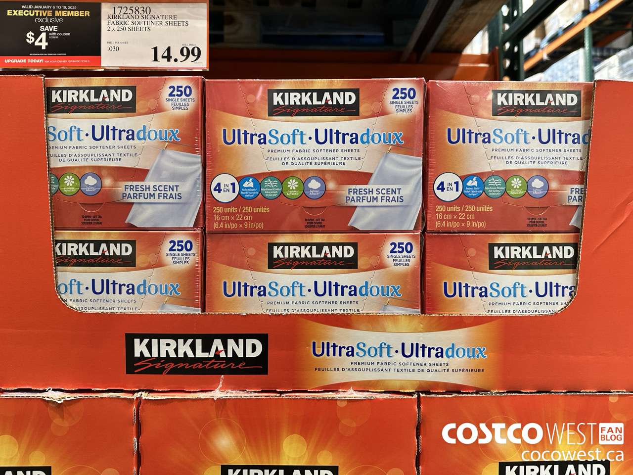 1725830 KIRKLAND SIGNATURE FABRIC SOFTENER SHEETS 2 X 250 SHEETS ($4.00 INSTANT SAVINGS EXPIRES ON 2025-01-19) $10.99