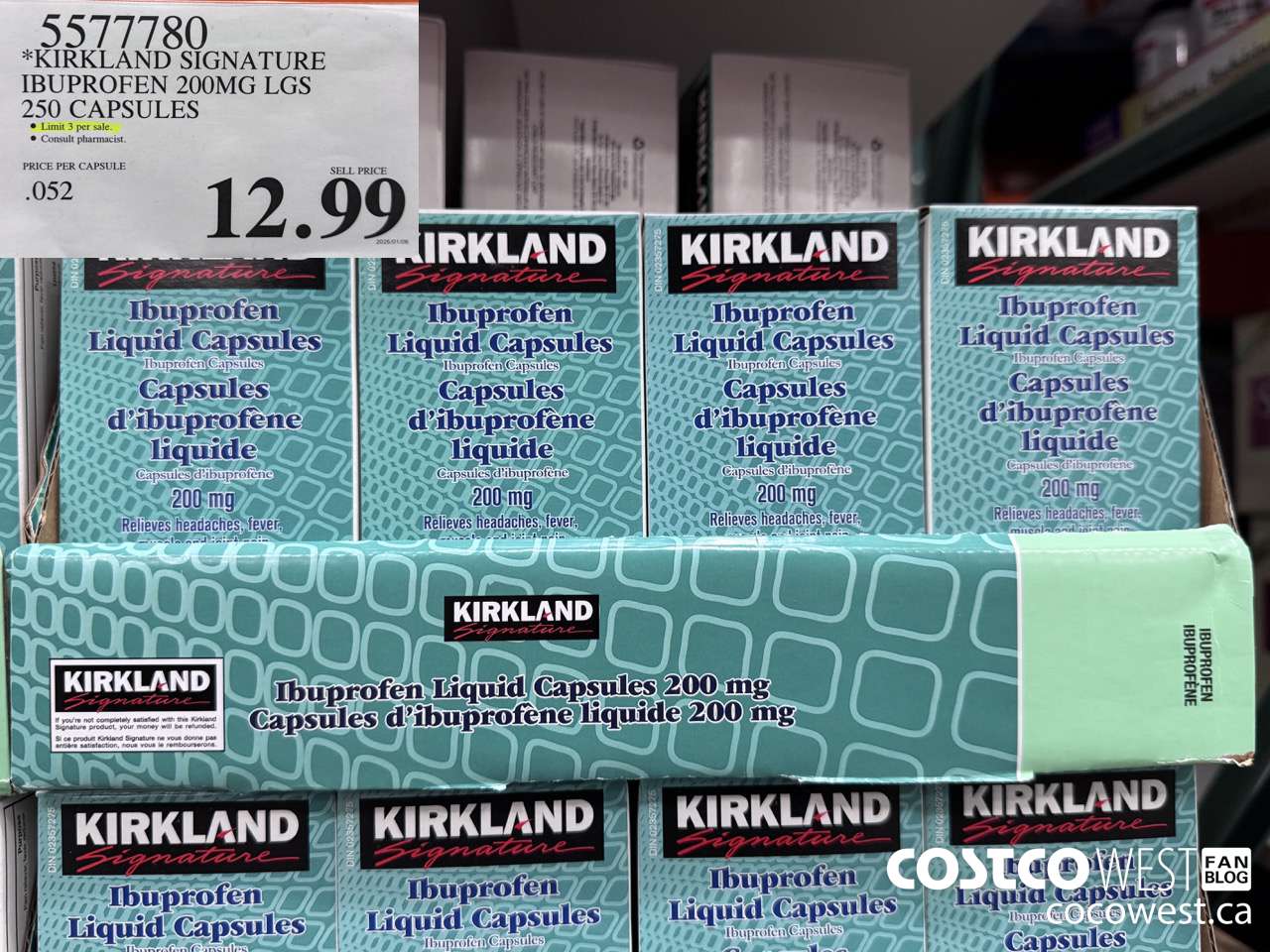 5577780 KIRKLAND SIGNATURE IBUPROFEN 200MG LGS 250 CAPSULES $12.99