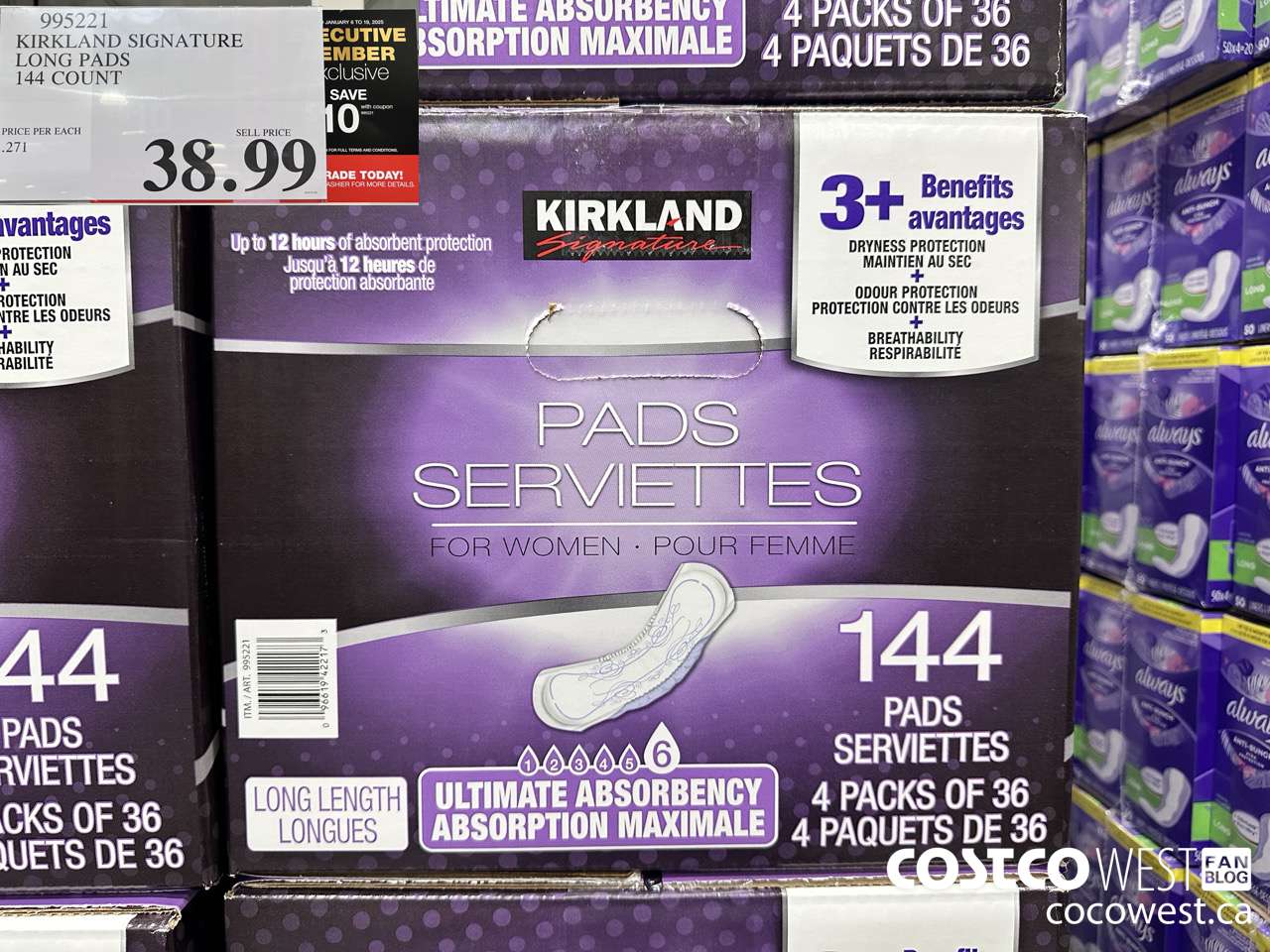 995221 KIRKLAND SIGNATURE LONG PADS 144 COUNT ($10.00 INSTANT SAVINGS EXPIRES ON 2025-01-19) $28.99