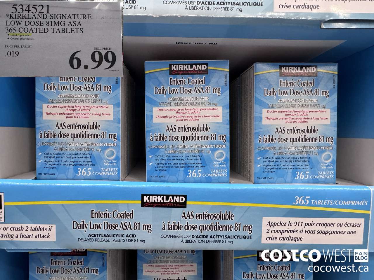 534521 KIRKLAND SIGNATURE LOW DOSE 81MG ASA 365 COATED TABLETS $6.99