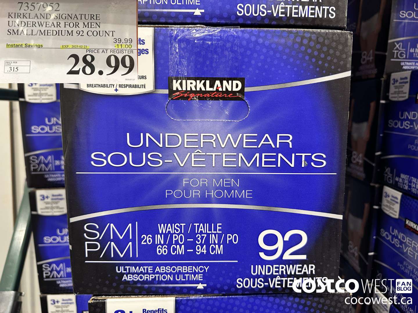 7357952 KIRKLAND SIGNATURE PROTECTIVE UNDERWEAR MEN S/M 92 COUNT ($11.00 INSTANT SAVINGS EXPIRES ON 2025-02-23) $28.99
