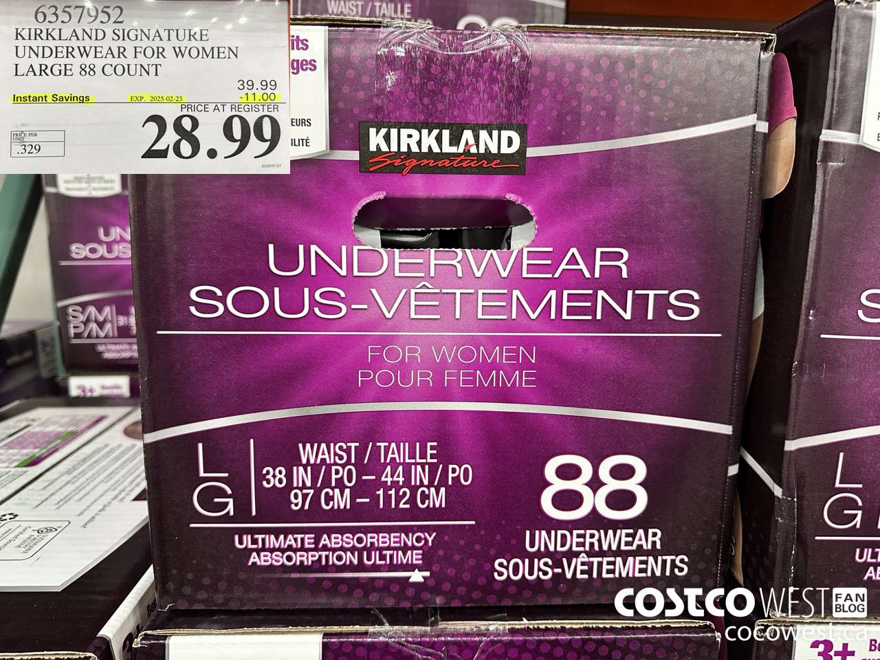 6357952 KIRKLAND SIGNATURE PROTECTIVE UNDERWEAR WOMEN LG 88 COUNT ($11.00 INSTANT SAVINGS EXPIRES ON 2025-02-23) $28.99