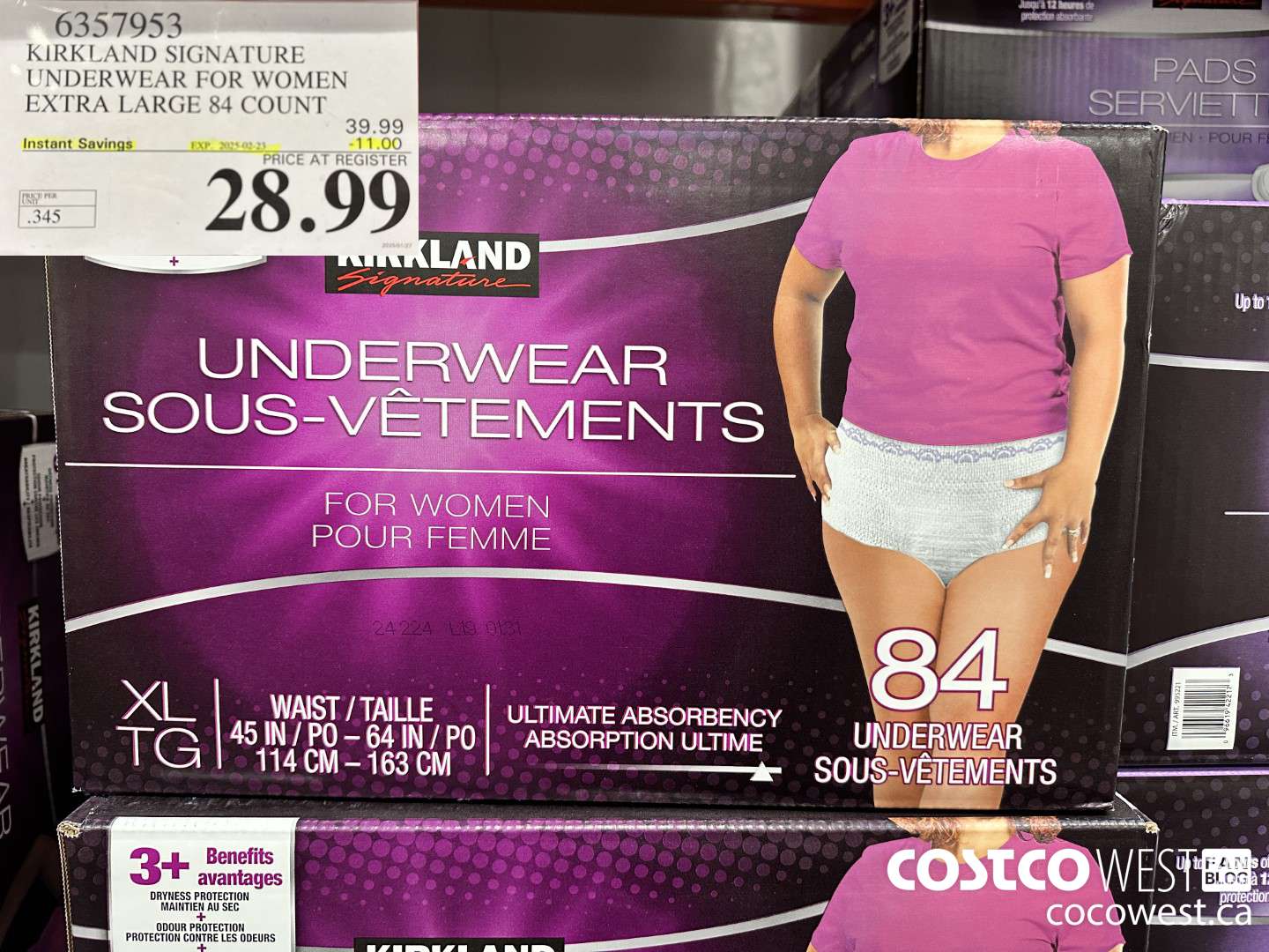 6357953 KIRKLAND SIGNATURE PROTECTIVE UNDERWEAR WOMEN XL 84 COUNT ($11.00 INSTANT SAVINGS EXPIRES ON 2025-02-23) $28.99