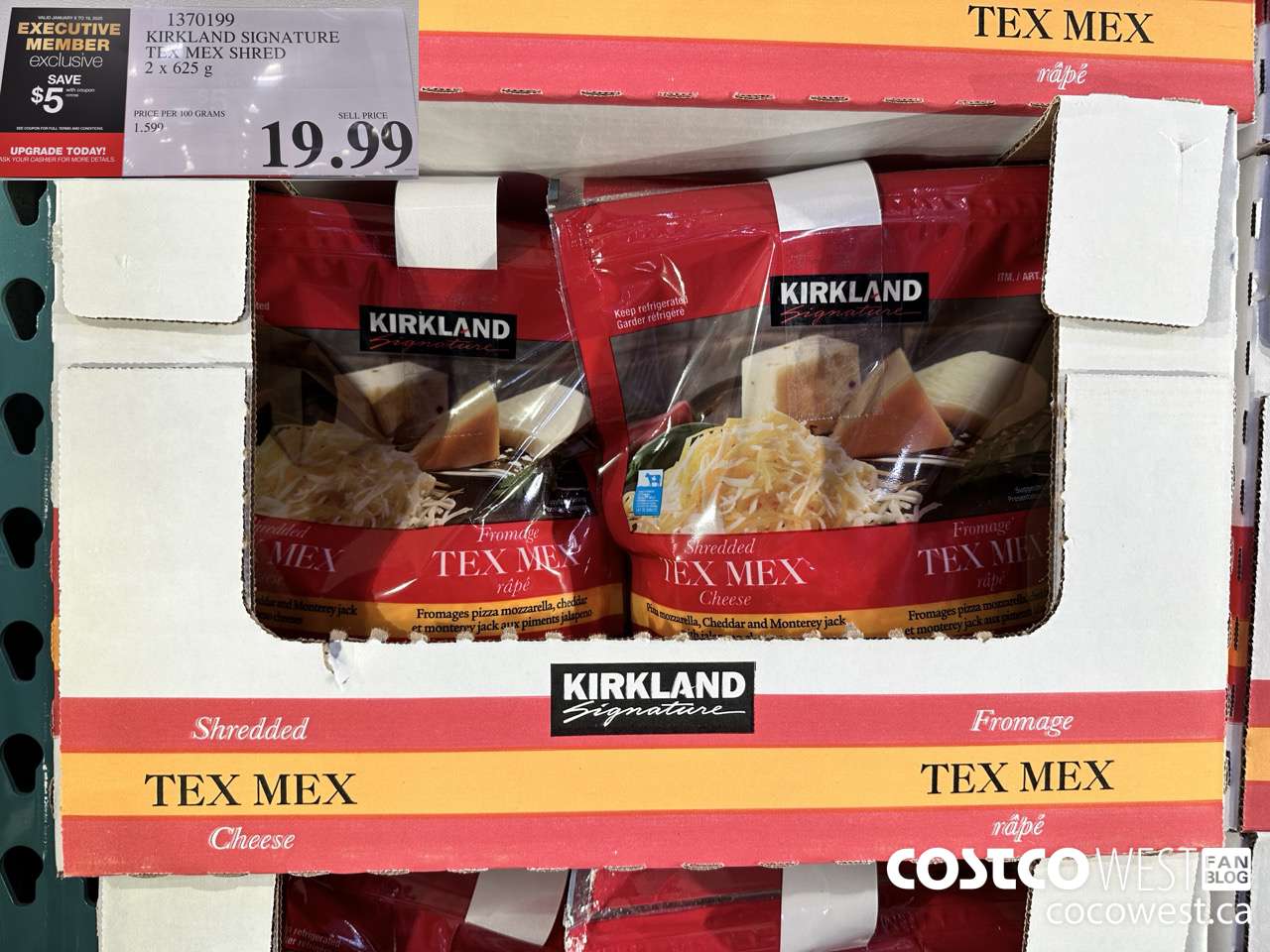1370199 KIRKLAND SIGNATURE TEX MEX SHRED 2 x 625 g ($5.00 INSTANT SAVINGS EXPIRES ON 2025-01-19) $14.99