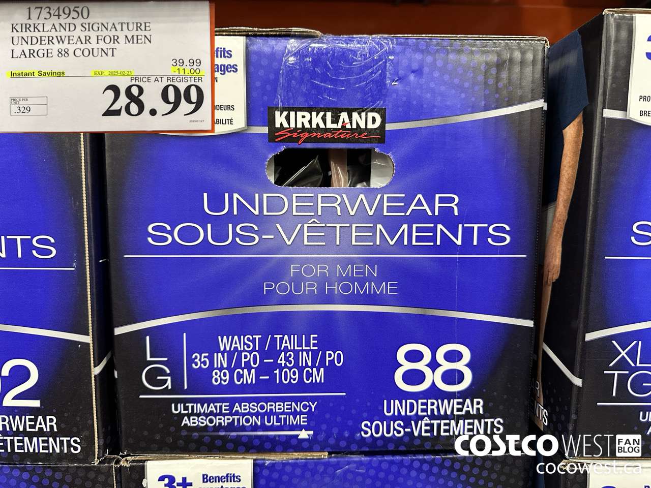 1734950 KIRKLAND SIGNATURE UNDERWEAR FOR MEN LARGE 88 COUNT ($11.00 INSTANT SAVINGS EXPIRES ON 2025-02-23) $28.99