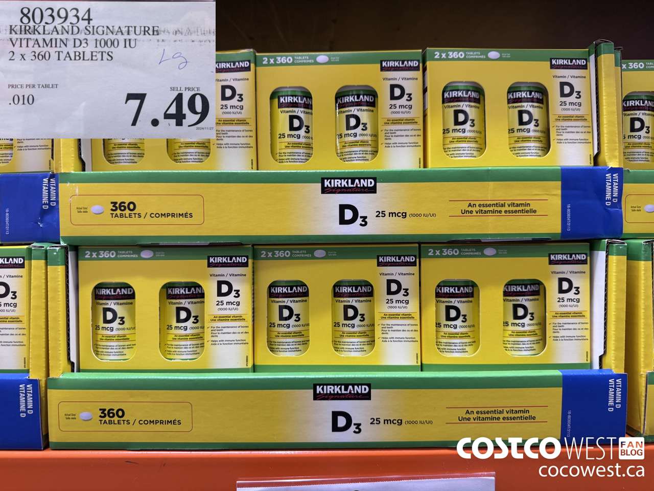 803934 KIRKLAND SIGNATURE VITAMIN D3 1000 IU 2 X 360 TABLETS $7.49