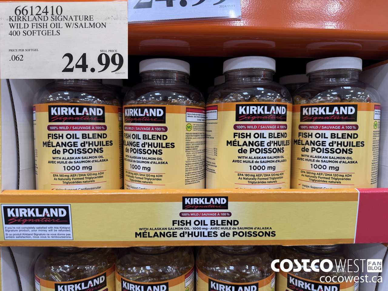 6612410 KIRKLAND SIGNATURE WILD FISH OIL W/SALMON 400 SOFTGELS $24.99