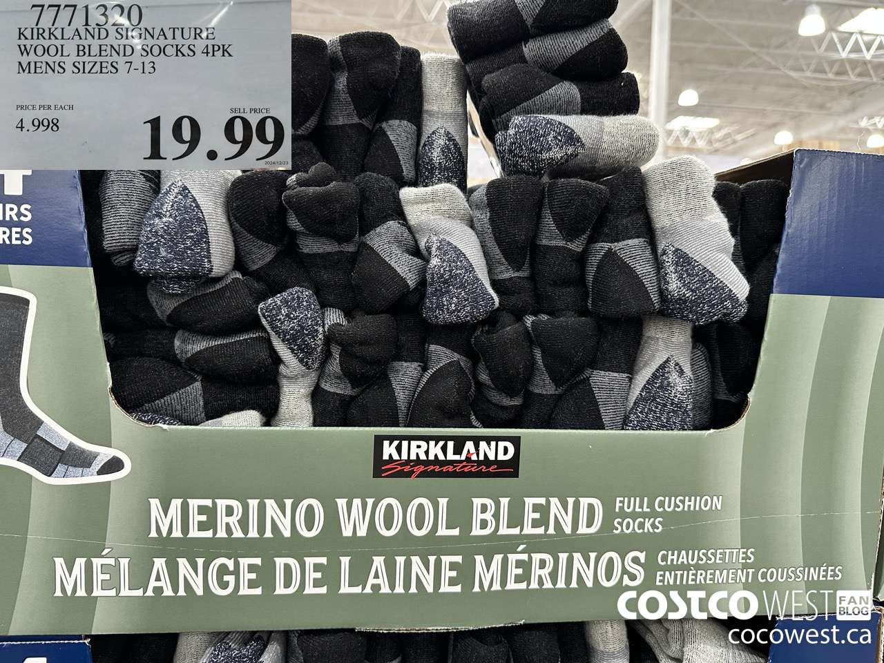 7771320 KIRKLAND SIGNATURE WOOL BLEND SOCK 4PK MENS SIZES 7-13 $19.99