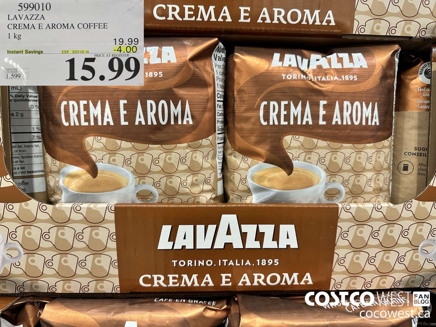 599010 LAVAZZA CREMA & AROMA COFFEE 1KG ($4.00 INSTANT SAVINGS EXPIRES ON 2025-02-16) $15.99