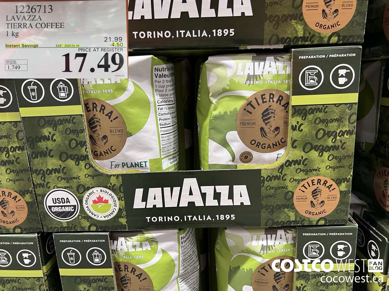 1226713 LAVAZZA TIERRA ORGANIC COFFEE 1 KG ($4.50 INSTANT SAVINGS EXPIRES ON 2025-01-19) $17.49
