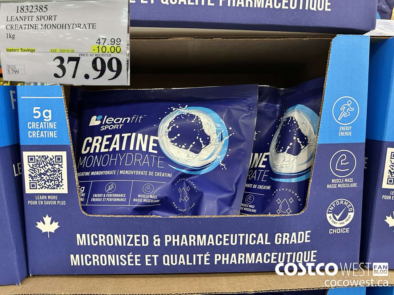 1832385 LEANFIT SPORT CREATINE MONOHYDRATE 1KG ($10.00 INSTANT SAVINGS EXPIRES ON 2025-01-26) $37.99