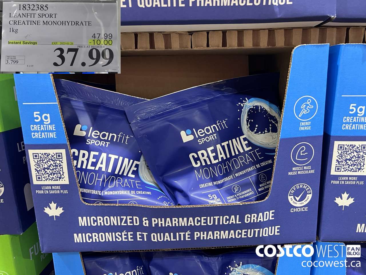 1832385 LEANFIT SPORT CREATINE MONOHYDRATE 1KG ($10.00 INSTANT SAVINGS EXPIRES ON 2025-01-26) $37.99