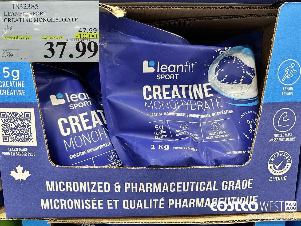 1832385 LEANFIT SPORT CREATINE MONOHYDRATE 1KG ($10.00 INSTANT SAVINGS EXPIRES ON 2025-01-26) $37.99