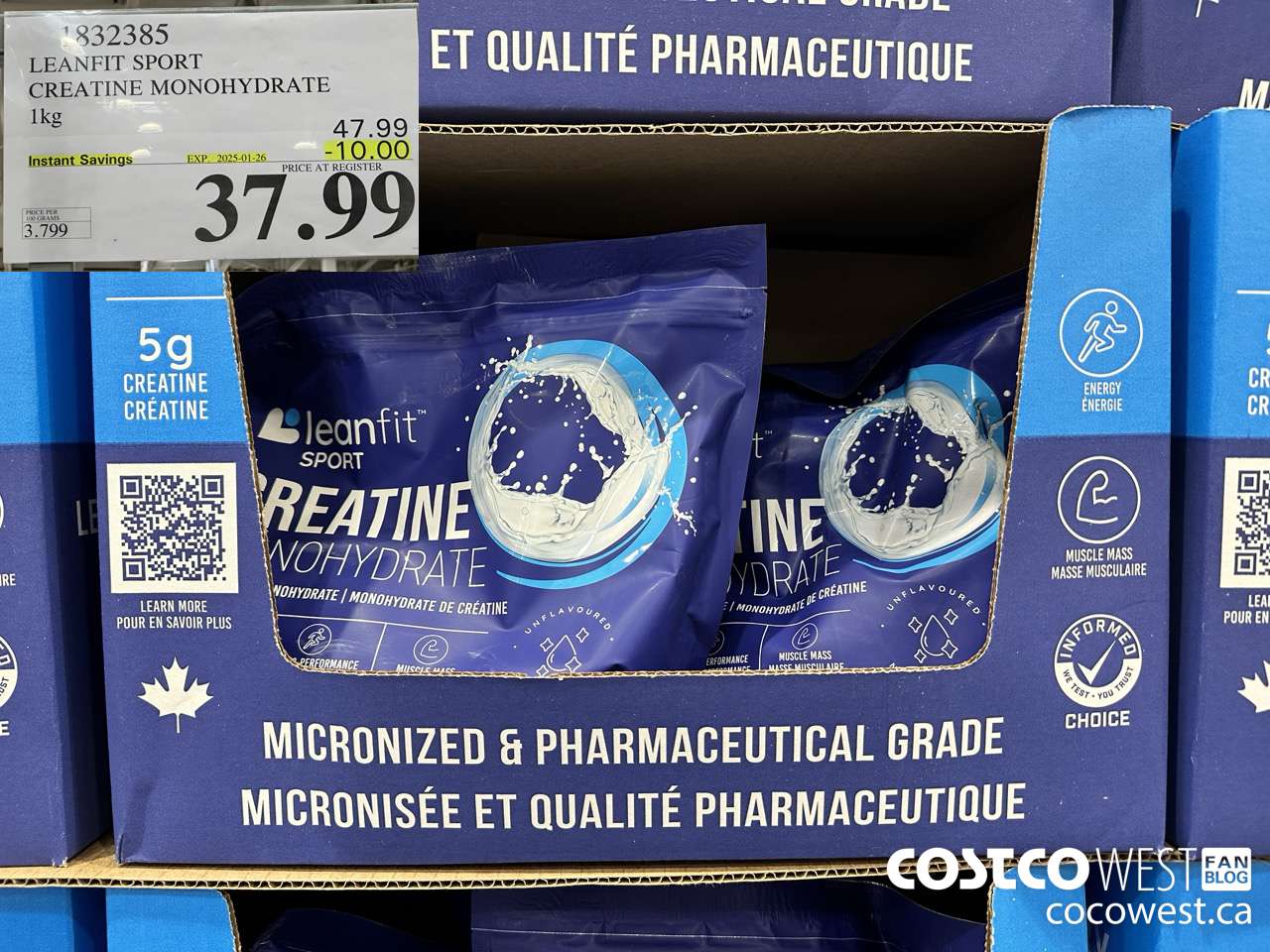 1832385 LEANFIT SPORT CREATINE MONOHYDRATE 1KG ($10.00 INSTANT SAVINGS EXPIRES ON 2025-01-26) $37.99