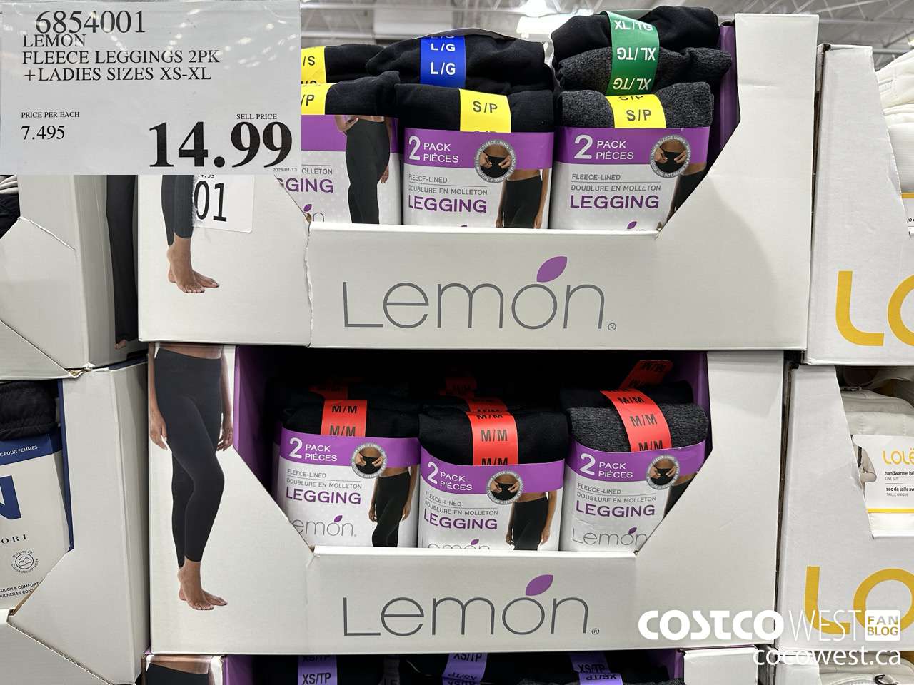6854001 LEMON FLEECE LEGGINGS 2PK LADIES SIZE XS-XL $14.99
