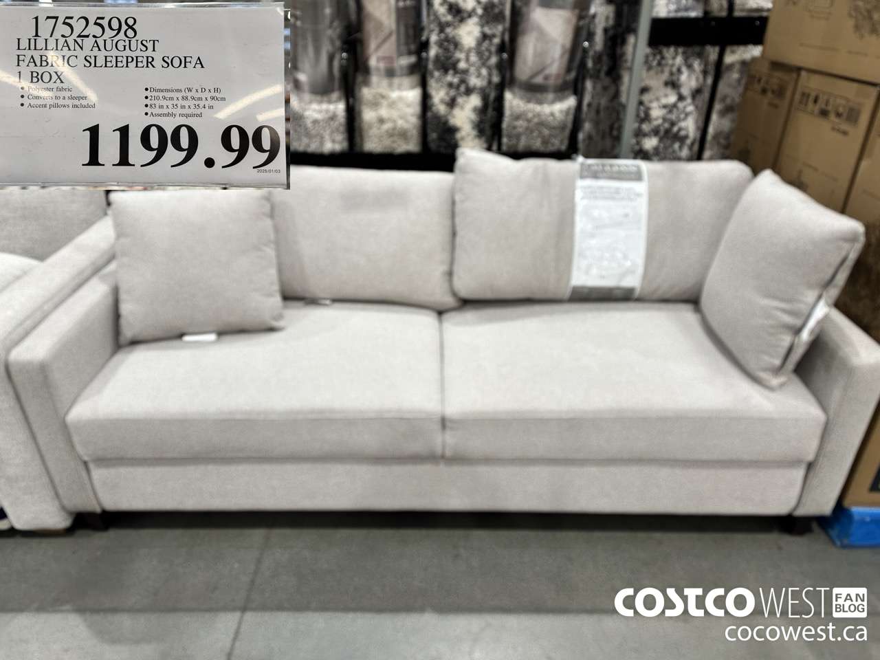 1752598 LILLIAN AUGUST FABRIC SLEEPER SOFA 1 BOXX $1199.99