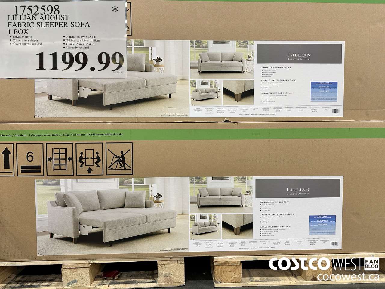 1752598 LILLIAN AUGUST FABRIC SLEEPER SOFA 1 BOXX $1199.99