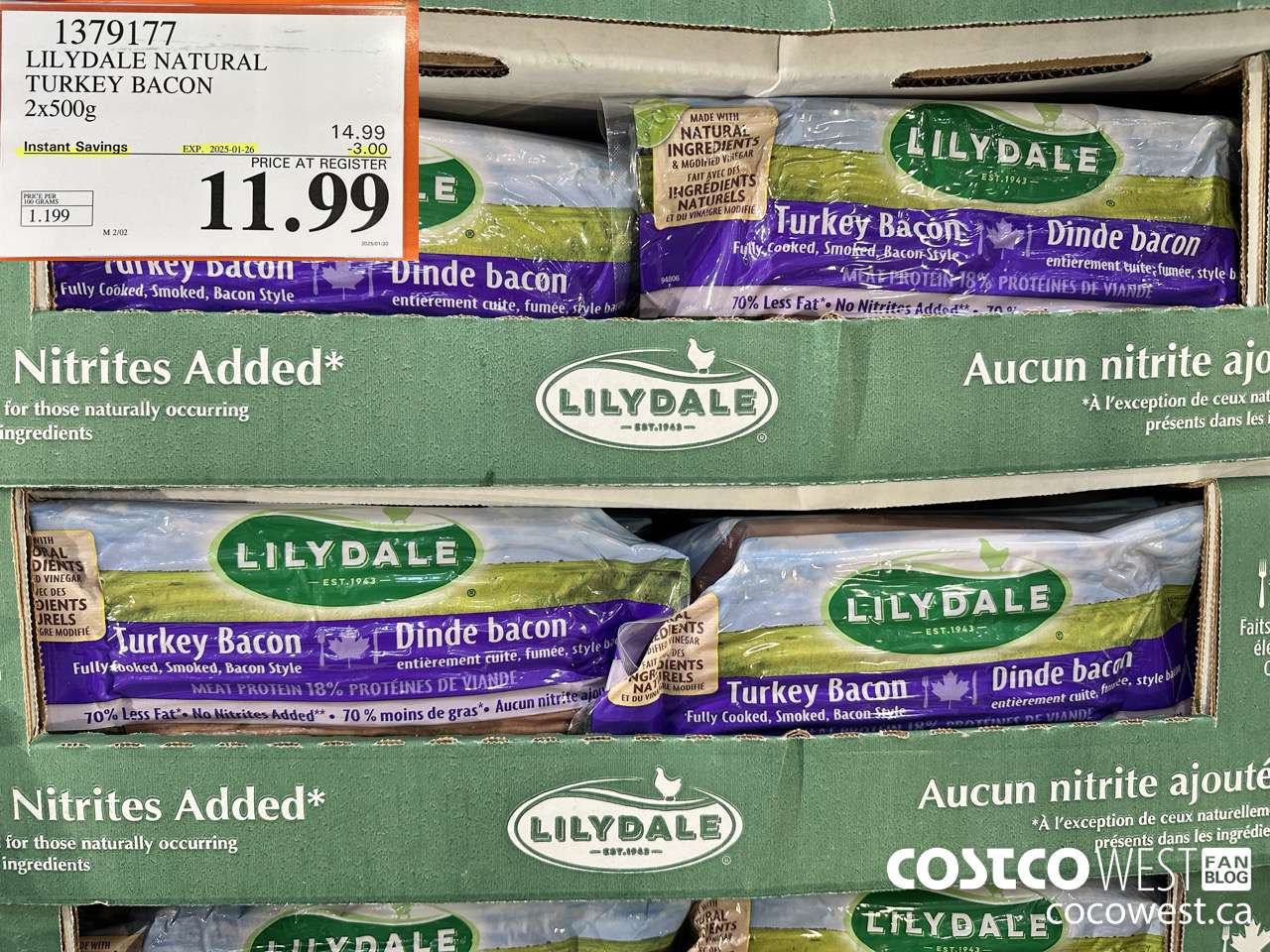 1379177 LILYDALE NATURAL TURKEY BACON 2 x 500 g ($3.00 INSTANT SAVINGS EXPIRES ON 2025-01-26) $11.99