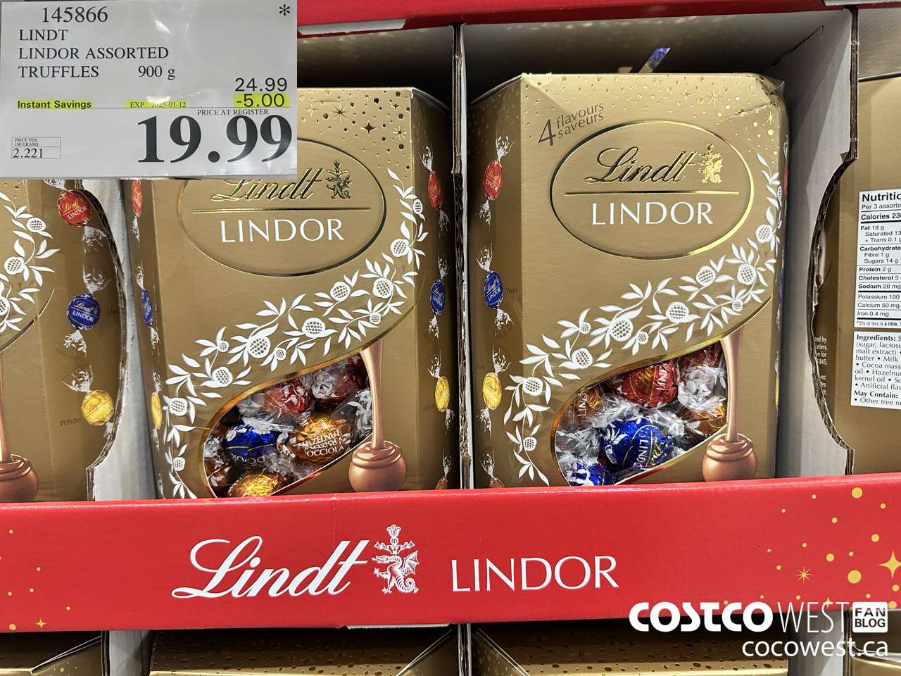 145866 LINDT LINDOR ASSORTED TRUFFLES 900g ($5.00 INSTANT SAVINGS EXPIRES ON 2025-01-12) $19.99