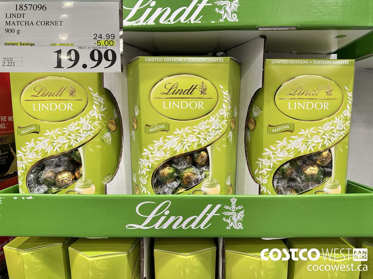 1857096 LINDT MATCHA CORNET 900G ($5.00 INSTANT SAVINGS EXPIRES ON 2025-01-22) $19.99