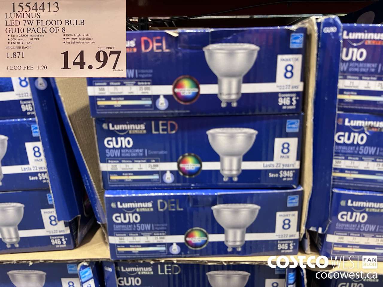1554413 LUMINUS LED 7W FLOOD BULB GU10 PACK OF 8 $14.97