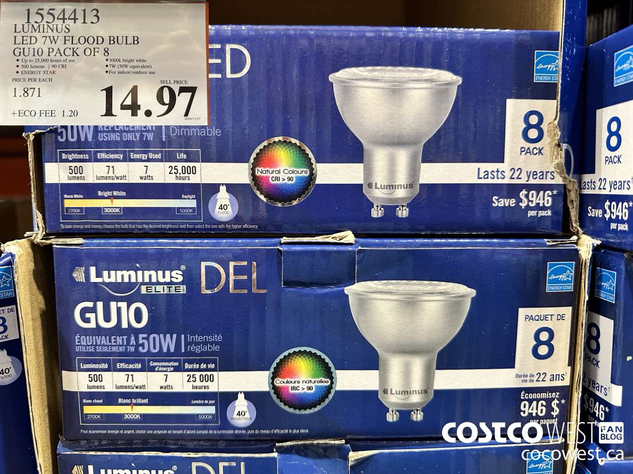 1554413 LUMINUS LED 7W FLOOD BULB GU10 PACK OF 8 $14.97