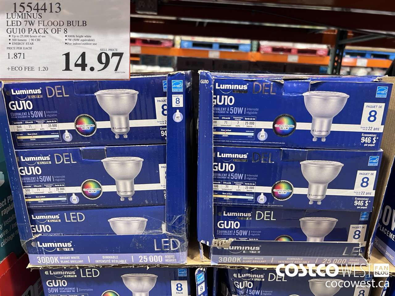 1554413 LUMINUS LED 7W FLOOD BULB GU10 PACK OF 8 $14.97