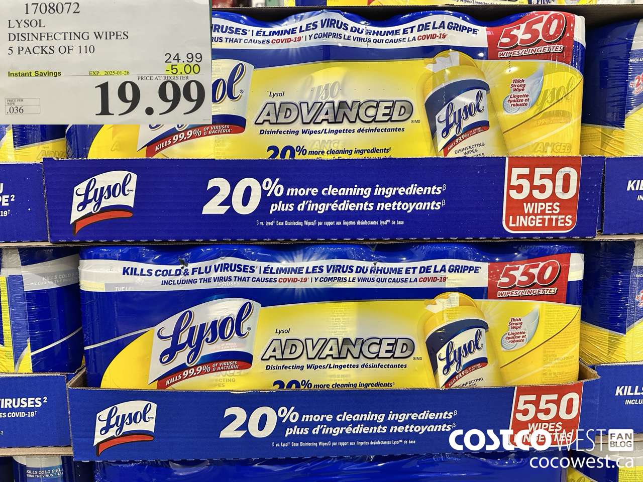 1708072 LYSOL DISINFECTING WIPES 5 X 110 WIPES ($5.00 INSTANT SAVINGS EXPIRES ON 2025-01-26) $19.99