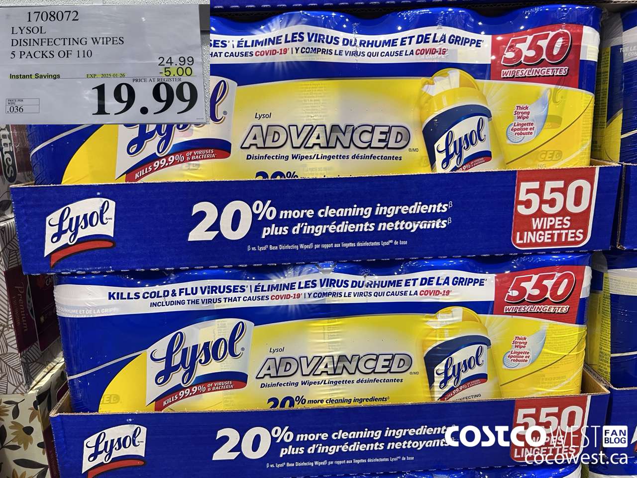 1708072 LYSOL DISINFECTING WIPES 5 X 110 WIPES ($5.00 INSTANT SAVINGS EXPIRES ON 2025-01-26) $19.99