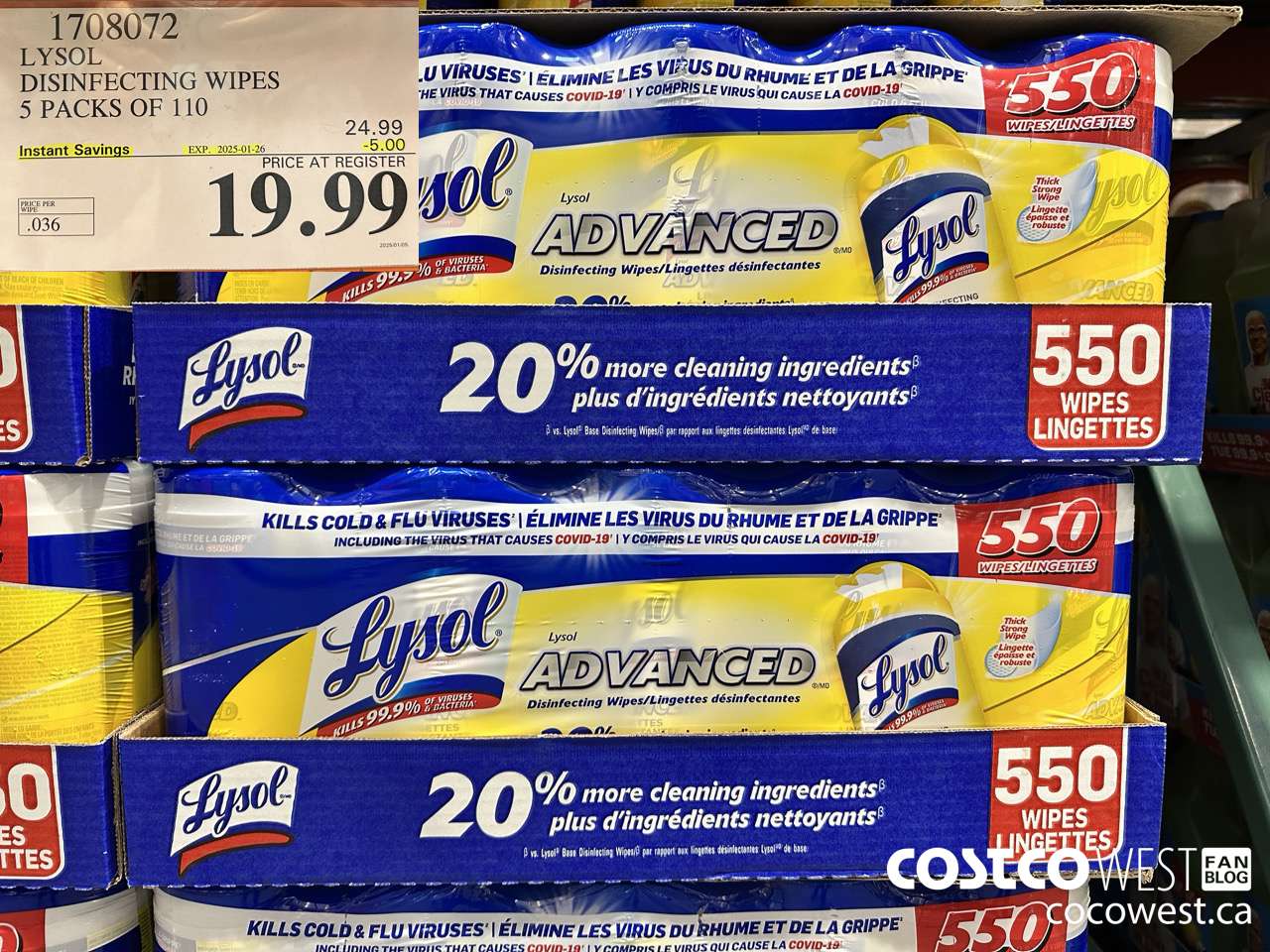 1708072 LYSOL DISINFECTING WIPES 5 X 110 WIPES ($5.00 INSTANT SAVINGS EXPIRES ON 2025-01-26) $19.99