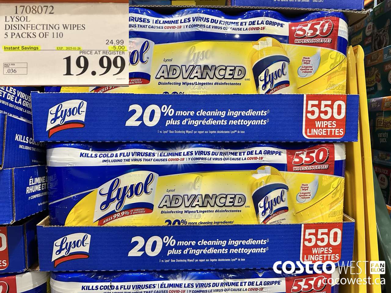 1708072 LYSOL DISINFECTING WIPES 5 X 110 WIPES ($5.00 INSTANT SAVINGS EXPIRES ON 2025-01-26) $19.99