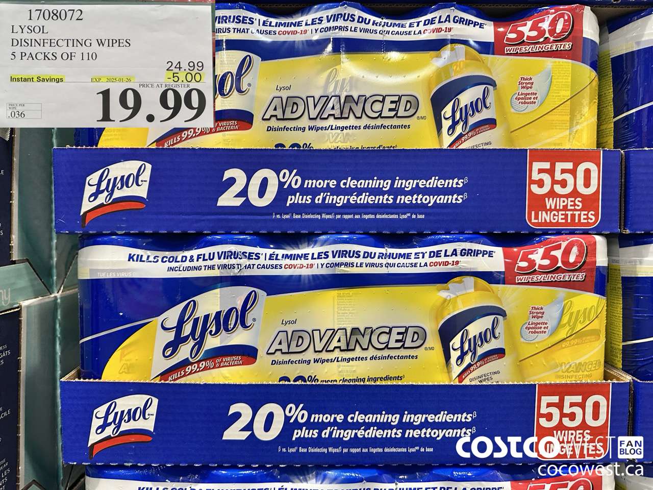 1708072 LYSOL DISINFECTING WIPES 5 X 110 WIPES ($5.00 INSTANT SAVINGS EXPIRES ON 2025-01-26) $19.99