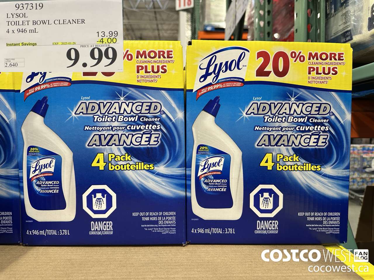 937319 LYSOL TOILET BOWL CLEANER 4 x 946 ML ($4.00 INSTANT SAVINGS EXPIRES ON 2025-01-26) $9.99