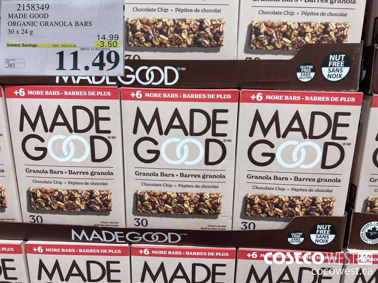 2158349 MADE GOOD ORGANIC GRANOLA BARS 30 X 24G ($3.50 INSTANT SAVINGS EXPIRES ON 2025-01-26) $11.49