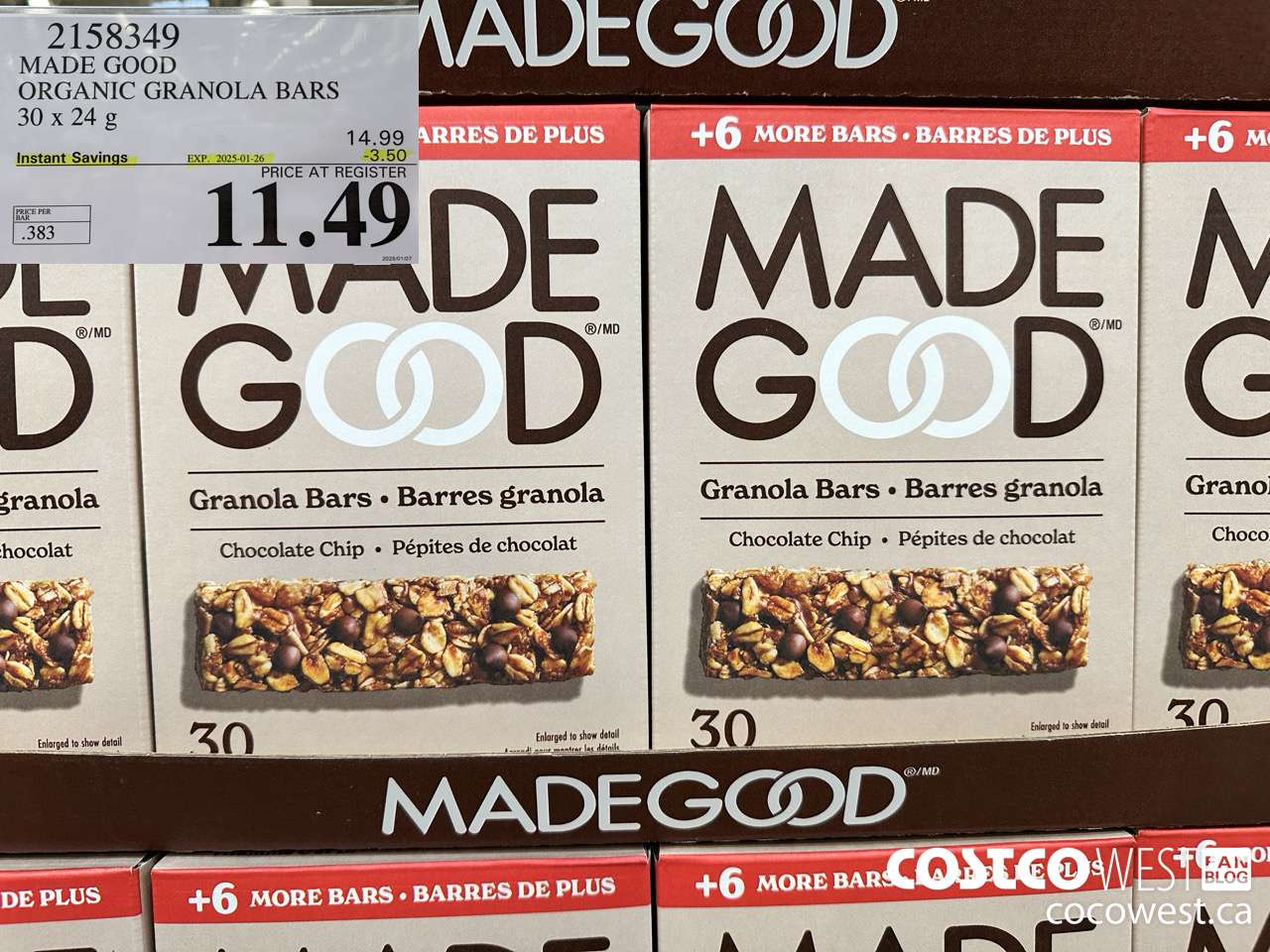 2158349 MADE GOOD ORGANIC GRANOLA BARS 30 X 24G ($3.50 INSTANT SAVINGS EXPIRES ON 2025-01-26) $11.49