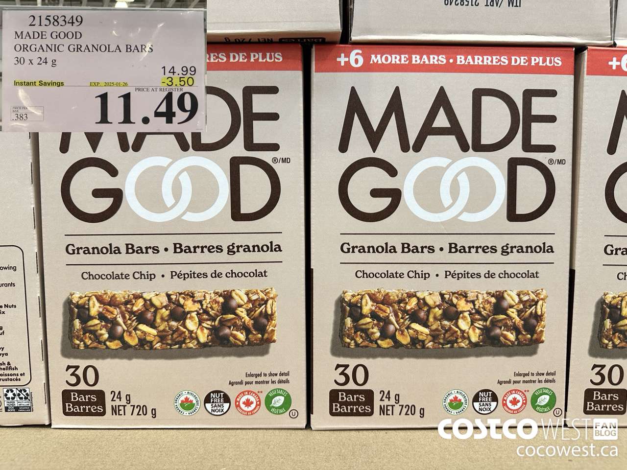 2158349 MADE GOOD ORGANIC GRANOLA BARS 30 X 24G ($3.50 INSTANT SAVINGS EXPIRES ON 2025-01-26) $11.49