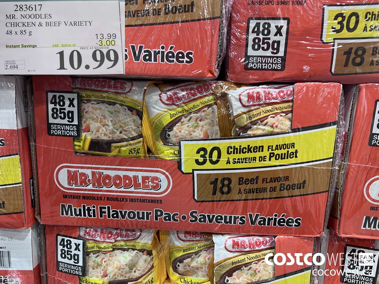 283617 MR. NOODLES CHICKEN & BEEF VARIETY 48 X 85G ($3.00 INSTANT SAVINGS EXPIRES ON 2025-01-19) $10.99