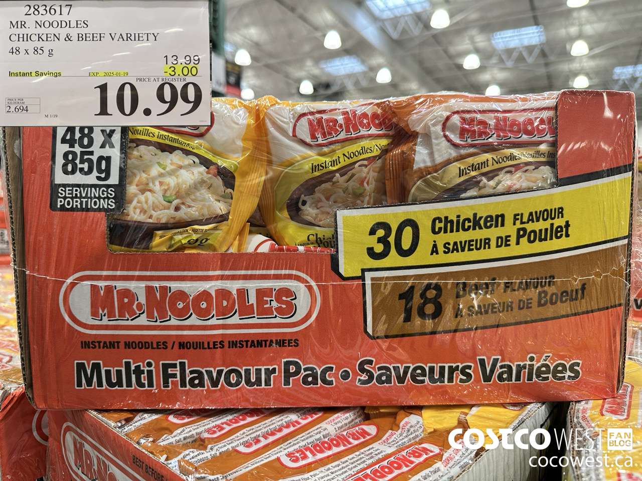 283617 MR. NOODLES CHICKEN & BEEF VARIETY 48 X 85G ($3.00 INSTANT SAVINGS EXPIRES ON 2025-01-19) $10.99